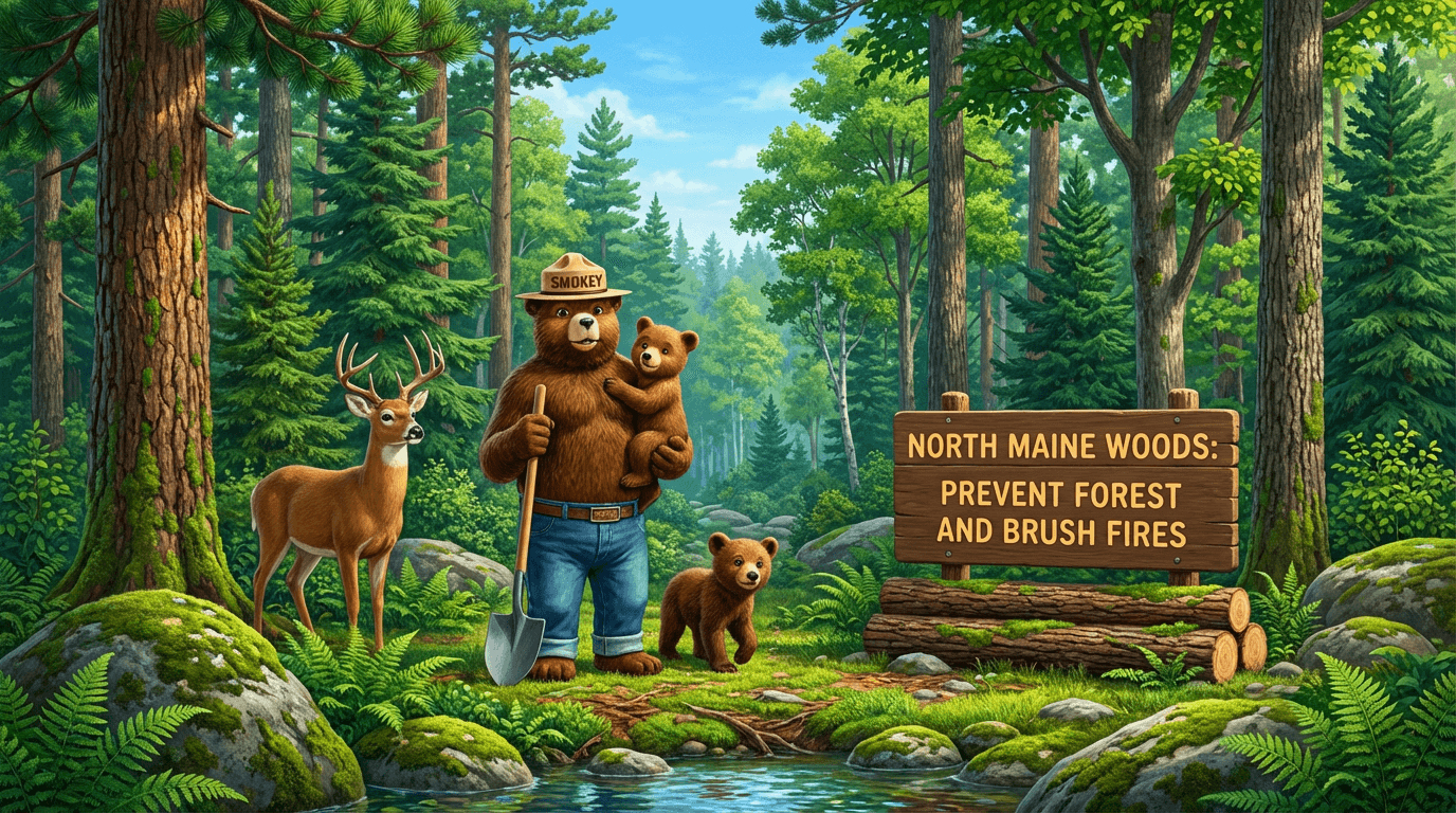 Smokey Bear fire safety sign in North Maine Woods